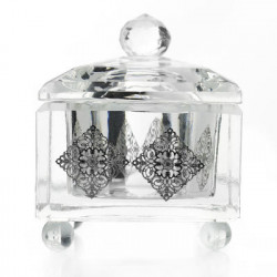 Crystal Honey Dish With Silver Filigree Cubes 2 1/4 X 2 1/4 "