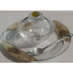 Honey Dish  By Lily w/ small saucer & spoon Gold Tulip