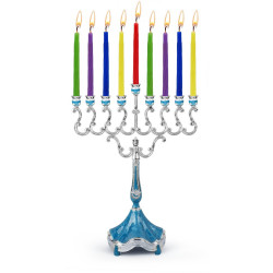 Ner Mitzvah Blue Marbleized Silver Plated Candle Menorah (8.5" Height)