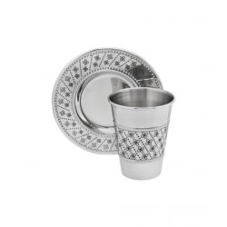 Stainless Steel Kiddush Cup With Tray - Flower Design